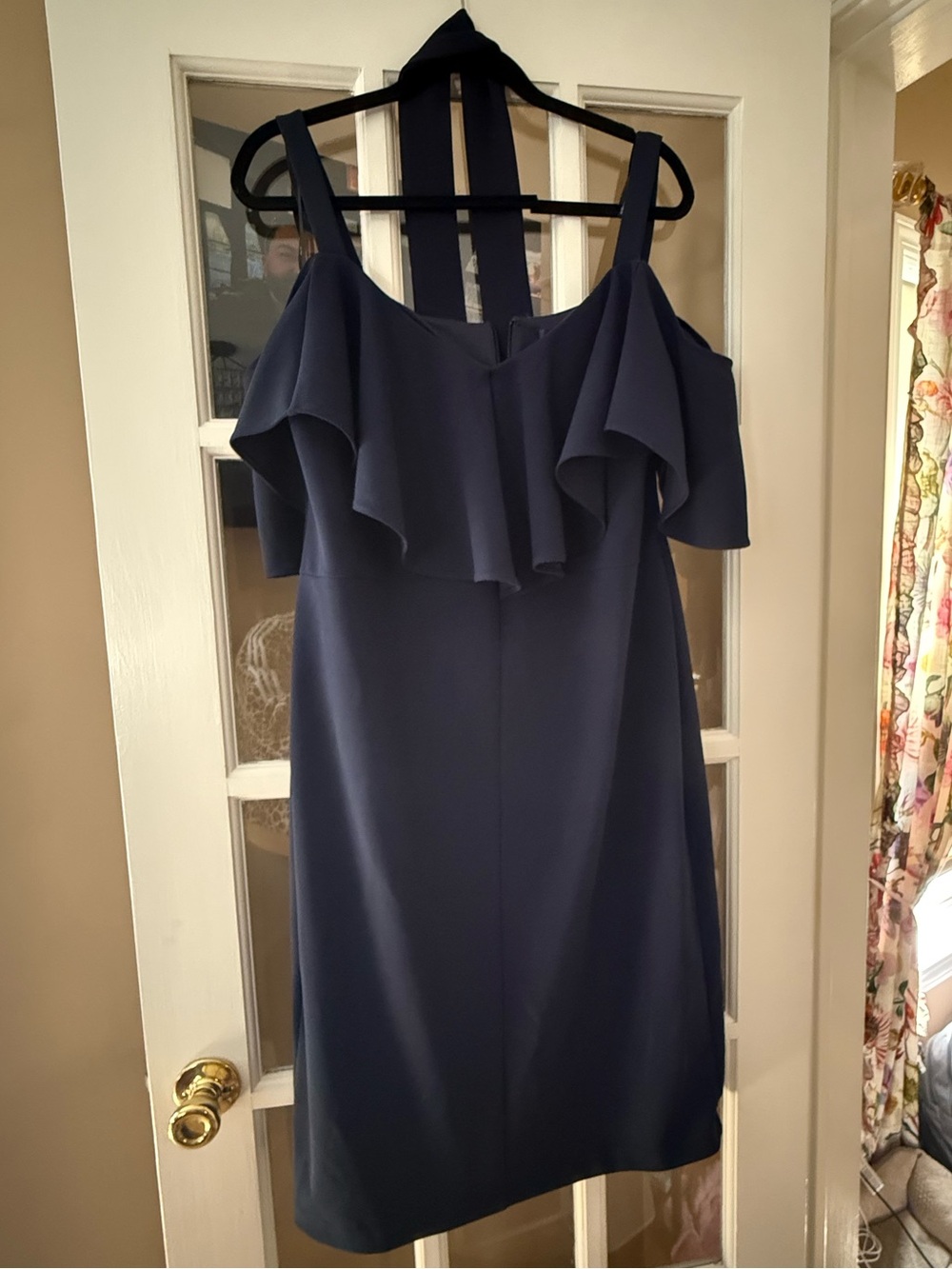 RACHEL Rachel Roy Navy Ruffle Cold-Shoulder Midi Dress